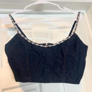 Denim Windsor crop top with pearl and rhinestone details